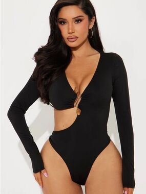 Fashion Nova Black Long-Sleeve Cutout Bodysuit with Ring Detail